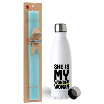She is my wonder woman, Easter Set, metallic stainless steel water bottle (750ml) & aromatic flat Easter candle (30cm) (TURQUOISE)