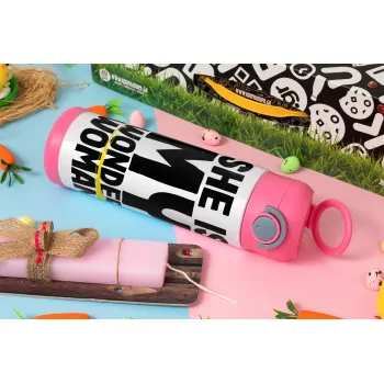 She is my wonder woman, Πασχαλινή Λαμπάδα με Παιδικό παγούρι θερμό, ανοξείδωτο, με καλαμάκι ασφαλείας, ΡΟΖ (500ml)