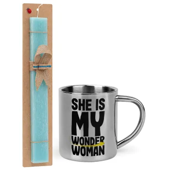 She is my wonder woman, Easter Set, metallic thermal cup (300ml) & aromatic flat Easter candle (30cm) (TURQUOISE)
