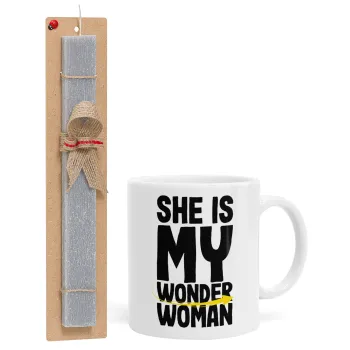 She is my wonder woman, Easter Set, Ceramic Cup (330ml) & Easter aromatic flat candle (30cm) (GRAY)