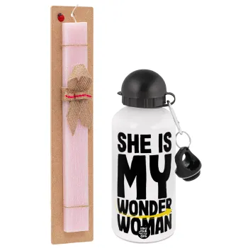 She is my wonder woman, Easter Set, metallic aluminum bottle (500ml) & aromatic flat Easter candle (30cm) (PINK)