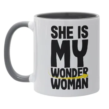 She is my wonder woman, Κούπα χρωματιστή γκρι, κεραμική, 330ml