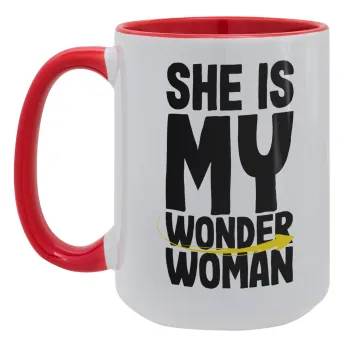 She is my wonder woman, Κούπα Mega 15oz, κεραμική Κόκκινη, 450ml