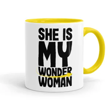 She is my wonder woman, Κούπα χρωματιστή κίτρινη, κεραμική, 330ml