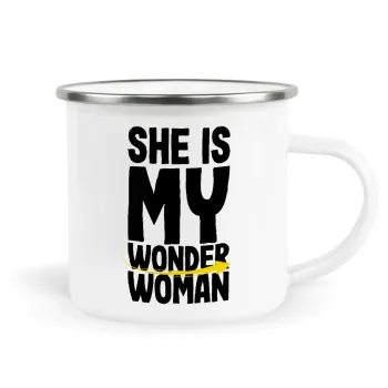 She is my wonder woman, Κούπα Μεταλλική εμαγιέ λευκη 360ml