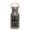 Stainless steel metallic thermos flask, silver with a bamboo lid, double-walled, 350ml.