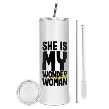 She is my wonder woman, Tumbler ποτήρι θερμό από ανοξείδωτο ατσάλι 600ml, με μεταλλικό καλαμάκι & βούρτσα καθαρισμού