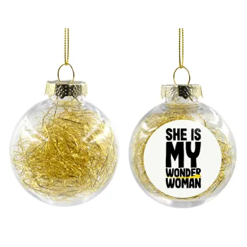 She is my wonder woman, Στολίδι Χριστουγεννιάτικη μπάλα δένδρου διάφανη με χρυσό γέμισμα 8cm