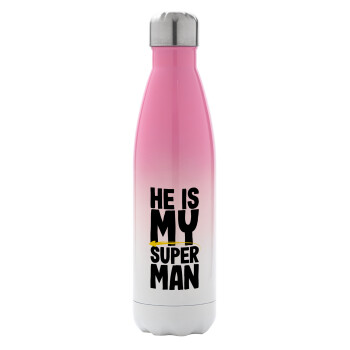 He is my superman, Metal mug thermos Pink/White (Stainless steel), double wall, 500ml