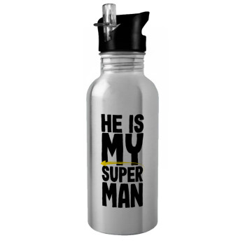 He is my superman, Water bottle Silver with straw, stainless steel 600ml