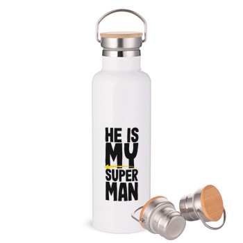 He is my superman, Stainless steel White with wooden lid (bamboo), double wall, 750ml