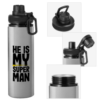He is my superman, Μεταλλικό παγούρι νερού με καπάκι ασφαλείας, αλουμινίου 850ml