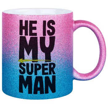 He is my superman, Κούπα Χρυσή/Μπλε Glitter, κεραμική, 330ml