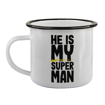 He is my superman, Κούπα εμαγιέ με μαύρο χείλος 360ml