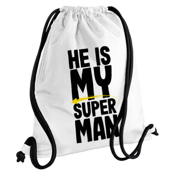 He is my superman, Backpack pouch GYMBAG white, with pocket (40x48cm) & thick cords