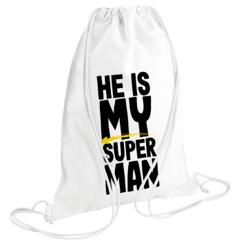 He is my superman, Τσάντα πλάτης πουγκί GYMBAG λευκή (28x40cm)
