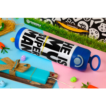 He is my superman, Easter candle, Childrens hot water bottle, stainless steel, with safety straw, BLUE (500ml)