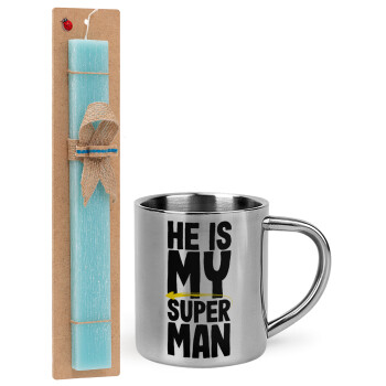 He is my superman, Easter Set, metallic thermal cup (300ml) & aromatic flat Easter candle (30cm) (TURQUOISE)