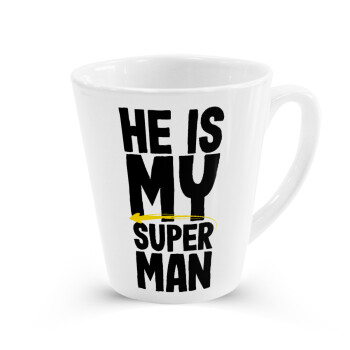 He is my superman, Κούπα κωνική Latte Λευκή, κεραμική, 300ml