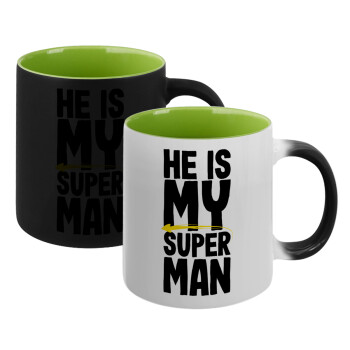 He is my superman, Κούπα Μαγική εσωτερικό πράσινο, κεραμική 330ml που αλλάζει χρώμα με το ζεστό ρόφημα (1 τεμάχιο)