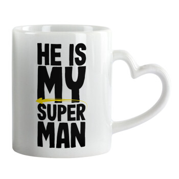 He is my superman, Κούπα καρδιά χερούλι λευκή, κεραμική, 330ml