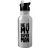 Water bottle Silver with straw, stainless steel 600ml