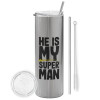 Tumbler stainless steel Silver 600ml, with metal straw & cleaning brush