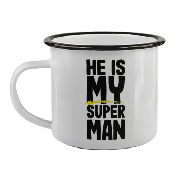 He is my superman, Κούπα εμαγιέ με μαύρο χείλος 360ml