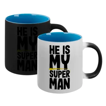 He is my superman, Κούπα Μαγική εσωτερικό μπλε, κεραμική 330ml που αλλάζει χρώμα με το ζεστό ρόφημα