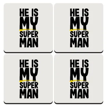 He is my superman, ΣΕΤ 4 Σουβέρ ξύλινα τετράγωνα (9cm)