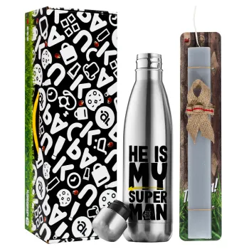 He is my superman, Easter Set, metallic stainless thermos flask (500ml) & scented flat Easter candle (30cm) (GRAY)
