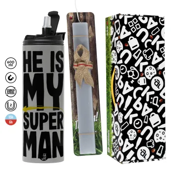 He is my superman, Πασχαλινή Λαμπάδα με Travel Tumbler θερμό (600ml, BPA free) & κερί αρωματικό πλακέ (30cm) (ΓΚΡΙ)