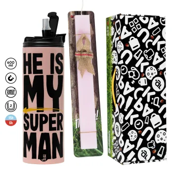 He is my superman, Πασχαλινή Λαμπάδα με  ΡΟΖ Travel Tumbler θερμό (600ml, BPA free) & κερί αρωματικό πλακέ (30cm) (ΡΟΖ)