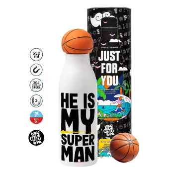 He is my superman, Μπάλα μπάσκετ μεταλλικό παγούρι θερμός, διπλού τοιχώματος, 550ml