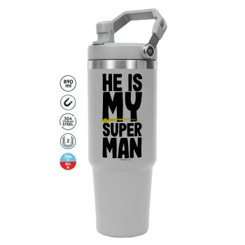 He is my superman, GREY color, 890ml (30oz) stainless Steel Tumbler with Handle