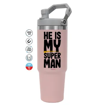 He is my superman, Pink color, 890ml (30oz) stainless Steel Tumbler with Handle