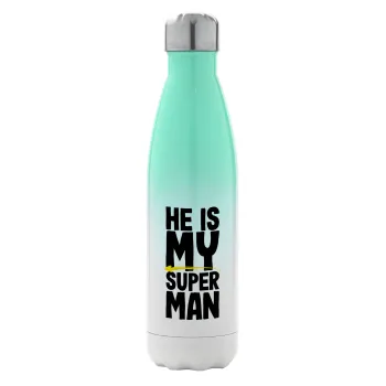 He is my superman, Μεταλλικό παγούρι θερμός Πράσινο/Λευκό (Stainless steel), διπλού τοιχώματος, 500ml