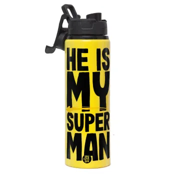He is my superman, Μεταλλικό παγούρι νερού με καπάκι ασφαλείας, αλουμινίου 850ml