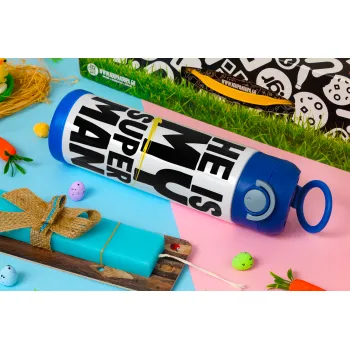 He is my superman, Πασχαλινή Λαμπάδα με Παιδικό παγούρι θερμό, ανοξείδωτο, με καλαμάκι ασφαλείας, ΜΠΛΕ (500ml)