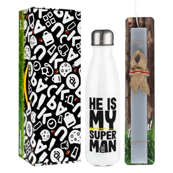 He is my superman, Easter candle, metallic white thermos bottle (500ml) & aromatic flat candle (30cm) (GRAY)