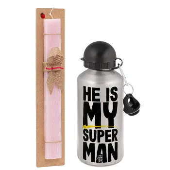 He is my superman, Easter Set, metallic Silver aluminum water bottle (500ml) & scented flat Easter candle (30cm) (PINK)