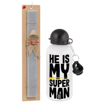 He is my superman, Πασχαλινή Λαμπάδα με παγούρι μεταλλικό  αλουμινίου (500ml) & κερί αρωματικό πλακέ (30cm) (ΓΚΡΙ)