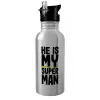 Water bottle Silver with straw, stainless steel 600ml