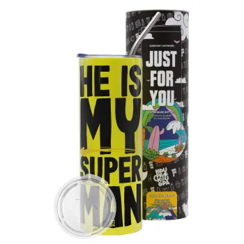He is my superman, Neon Yellow Travel Tumbler θερμό, μεταλλικό καλαμάκι(Ανωξείδωτο 304 Food grade, BPA free, 600ml)