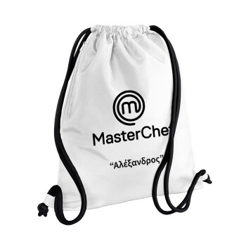 Master Chef, Τσάντα πλάτης πουγκί GYMBAG λευκή, με τσέπη (40x48cm) & χονδρά κορδόνια