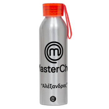 Master Chef, Αλουμινένιο Αθλητικό Μπουκάλι 650ml – Ασημί με Κόκκινο Καπάκι και Λουράκι Σιλικόνης