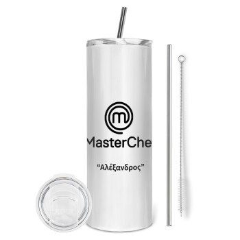 Master Chef, Eco friendly ποτήρι θερμό (tumbler) από ανοξείδωτο ατσάλι 600ml, με μεταλλικό καλαμάκι & βούρτσα καθαρισμού
