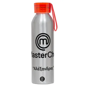 Master Chef, Αλουμινένιο Αθλητικό Μπουκάλι 650ml – Ασημί με Κόκκινο Καπάκι και Λουράκι Σιλικόνης