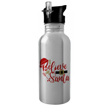 I believe in Santa, Water bottle Silver with straw, stainless steel 600ml
