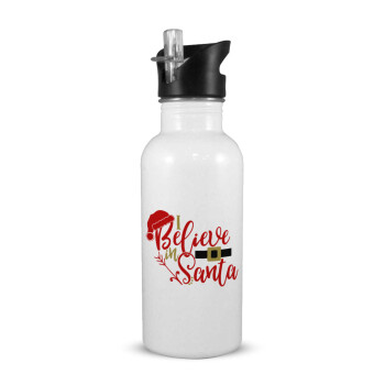 I believe in Santa, White water bottle with straw, stainless steel 600ml